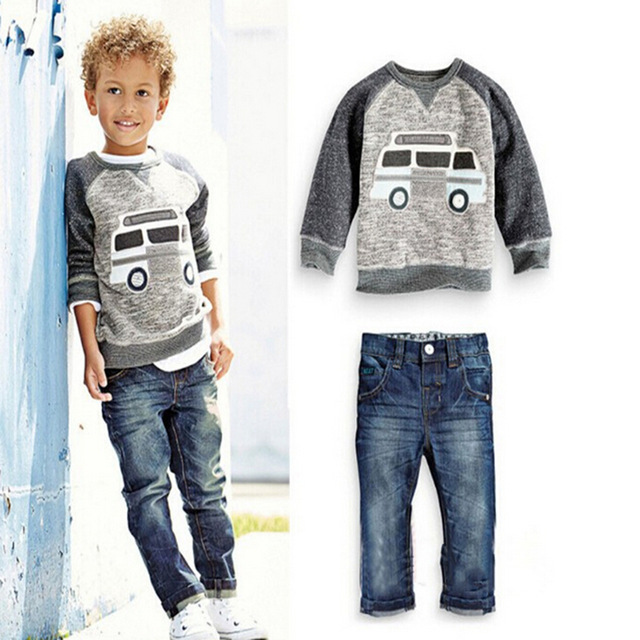 2021 High quality denim car costume cartoon boy costume boy clothes suit kids car long sleeved shirt   denim trousers
