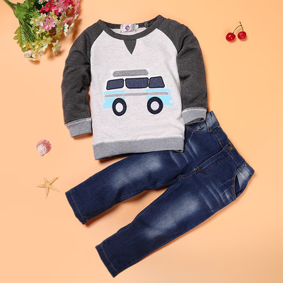2021 High quality denim car costume cartoon boy costume boy clothes suit kids car long sleeved shirt   denim trousers