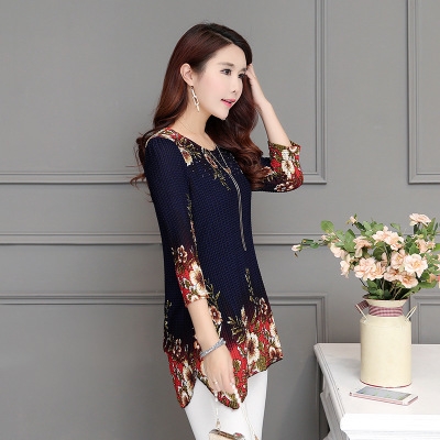 High quality Women blouses shirt Casual loose printed chiffon blouses plus size women tops