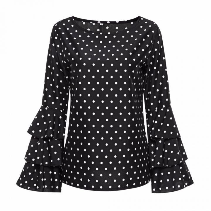 High quality Elegant Polka Dot Print Flare Sleeve Women Shirts Long Sleeve Chiffon Blouse Tops