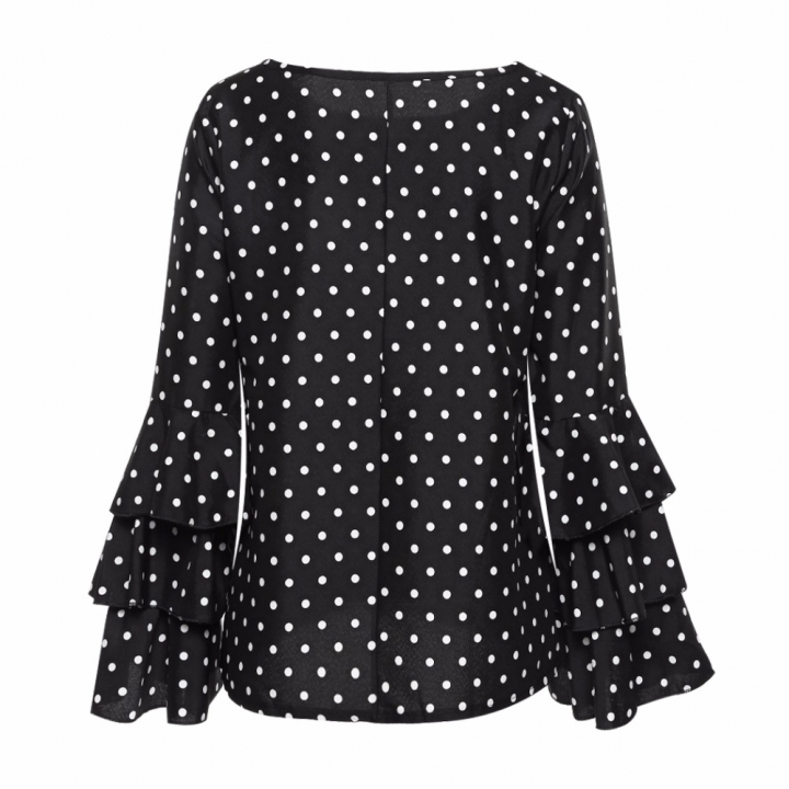 High quality Elegant Polka Dot Print Flare Sleeve Women Shirts Long Sleeve Chiffon Blouse Tops