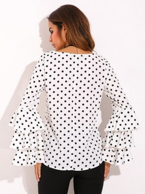 High quality Elegant Polka Dot Print Flare Sleeve Women Shirts Long Sleeve Chiffon Blouse Tops