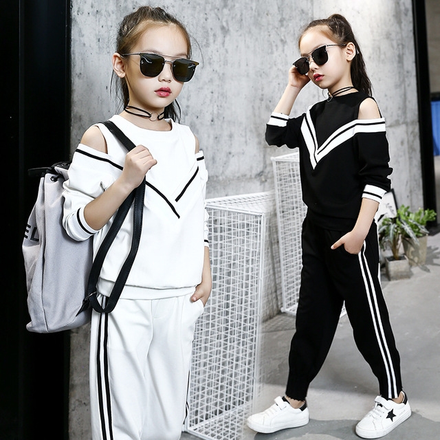 girls tracksuits sets kids sports suits off shoulder long sleeve t shirts and pants sets for girl