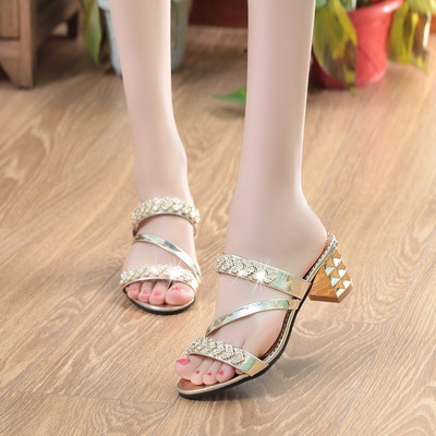 High quality Wedge Woman Summer Crystal Open Toed Mid Heels Shoes Women PU Sexy Rhinestone Gladiator Sandals