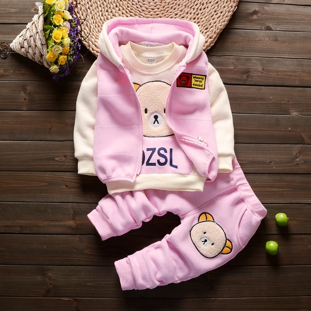 High quality Winter Baby Clothes Set Long Sleeve Fleece Cartoon Boys Tops Vest  velvet Pants 3pcs Thick Warm Suit