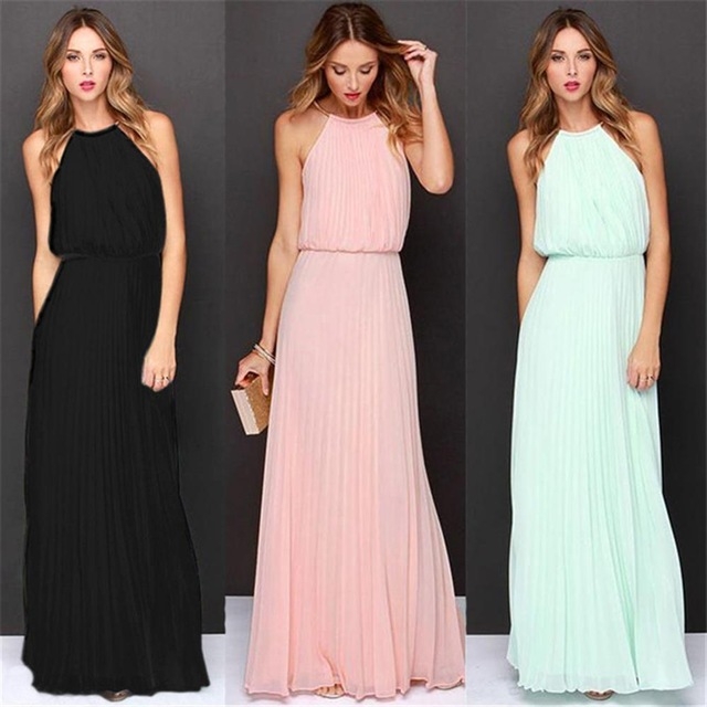 High quality Hot Sleeveless Halter Pleated Sexy Dress Maxi Long Slim Dresses Casual Loose Chiffon Sundress