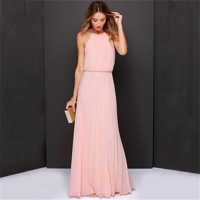 High quality Hot Sleeveless Halter Pleated Sexy Dress Maxi Long Slim Dresses Casual Loose Chiffon Sundress