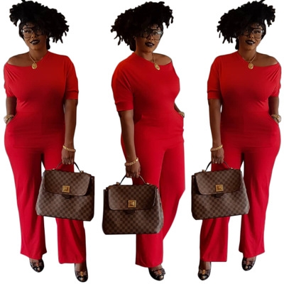 2021 High quality European and American style slanted shoulder red short sleeve jumpsuit long