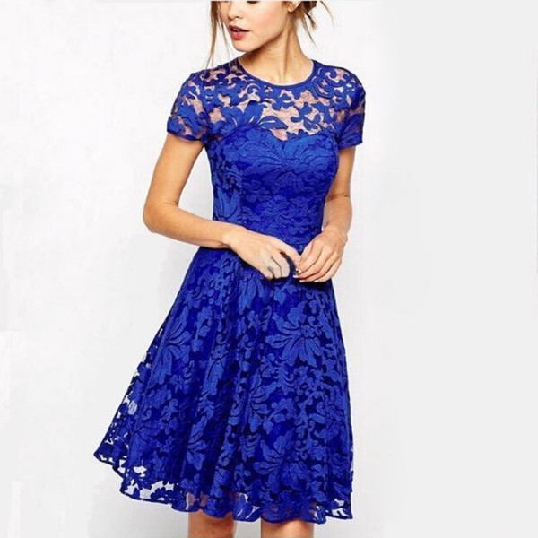Women Floral Lace Dresses Short Sleeve Party Casual Color Blue Red Black Mini Dress
