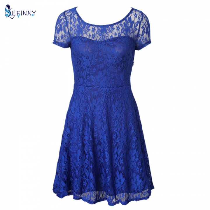 Women Floral Lace Dresses Short Sleeve Party Casual Color Blue Red Black Mini Dress