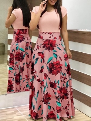 High quality Fashion flower printing monochrome dresses Summer Short Sleeve Bodycon Party Dress