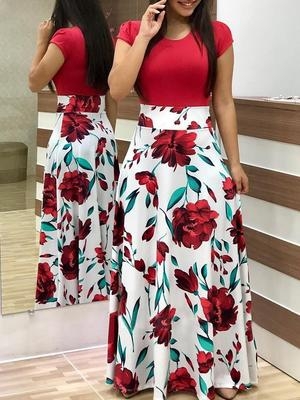 High quality Fashion flower printing monochrome dresses Summer Short Sleeve Bodycon Party Dress