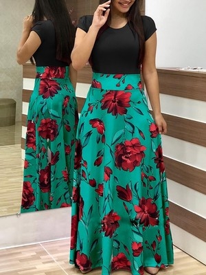 High quality Fashion flower printing monochrome dresses Summer Short Sleeve Bodycon Party Dress
