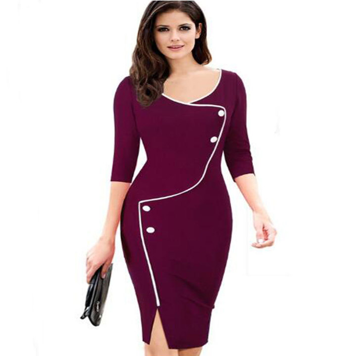 2021 High quality Dress Women&apos;s Elegant Female Deep V-neck Seven-point Sleeve Front Slit