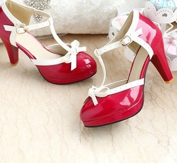 High quality T word buckle with high-heeled women's shoes large size waterproof platform thick with red bow shoes
