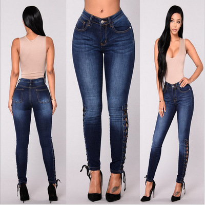 2021 High quality Europe and America Ms. Blue Corn bandage Jeans Slim Hip Skinny Thin Elasticity Wild feet pants
