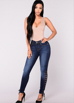 2021 High quality Europe and America Ms. Blue Corn bandage Jeans Slim Hip Skinny Thin Elasticity Wild feet pants