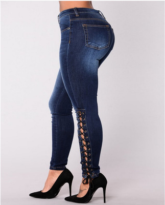 2021 High quality Europe and America Ms. Blue Corn bandage Jeans Slim Hip Skinny Thin Elasticity Wild feet pants