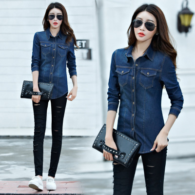 High quality Cotton cowboy shirt Tops Ms slim women's shirt Korea Long sleeve student clothing cowboy Thin coat