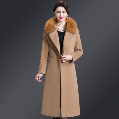2021 High quality Womens Woolen Coat Winter Imitation Fox Fur Collar Wool Overcoat Long Slim Woolen Jacket