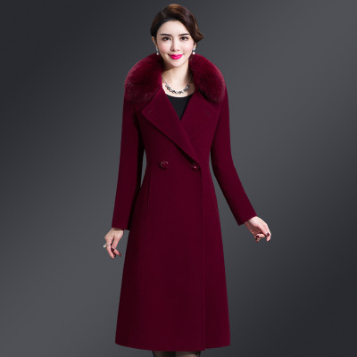 2021 High quality Womens Woolen Coat Winter Imitation Fox Fur Collar Wool Overcoat Long Slim Woolen Jacket