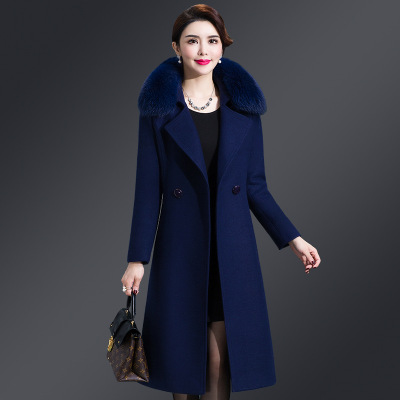 2021 High quality Womens Woolen Coat Winter Imitation Fox Fur Collar Wool Overcoat Long Slim Woolen Jacket