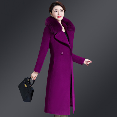 2021 High quality Womens Woolen Coat Winter Imitation Fox Fur Collar Wool Overcoat Long Slim Woolen Jacket
