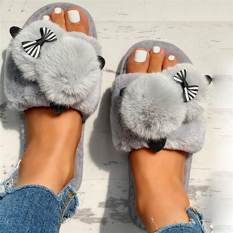 2021 High quality Female Snow Winter Casual House Slippers Non-Slip Flat Open Toe Shoes  Bow-Knot Flock Shoes