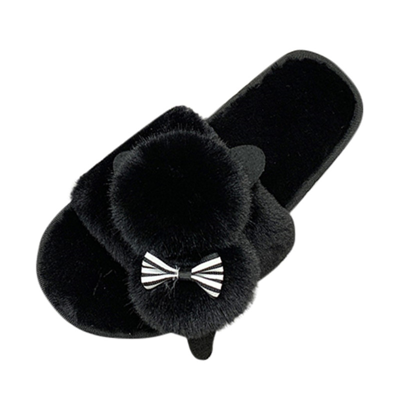 2021 High quality Female Snow Winter Casual House Slippers Non-Slip Flat Open Toe Shoes  Bow-Knot Flock Shoes