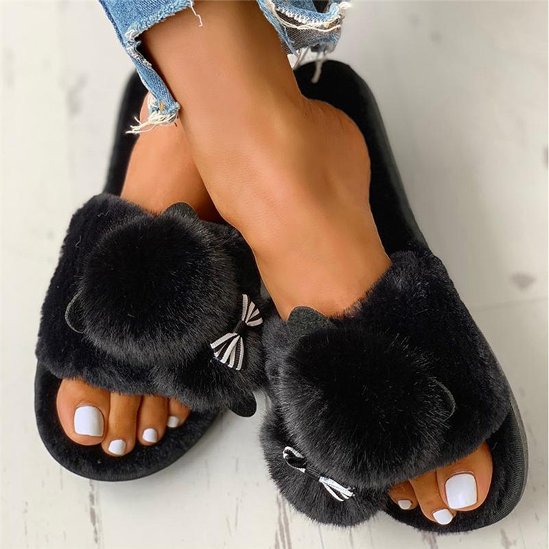 2021 High quality Female Snow Winter Casual House Slippers Non-Slip Flat Open Toe Shoes  Bow-Knot Flock Shoes