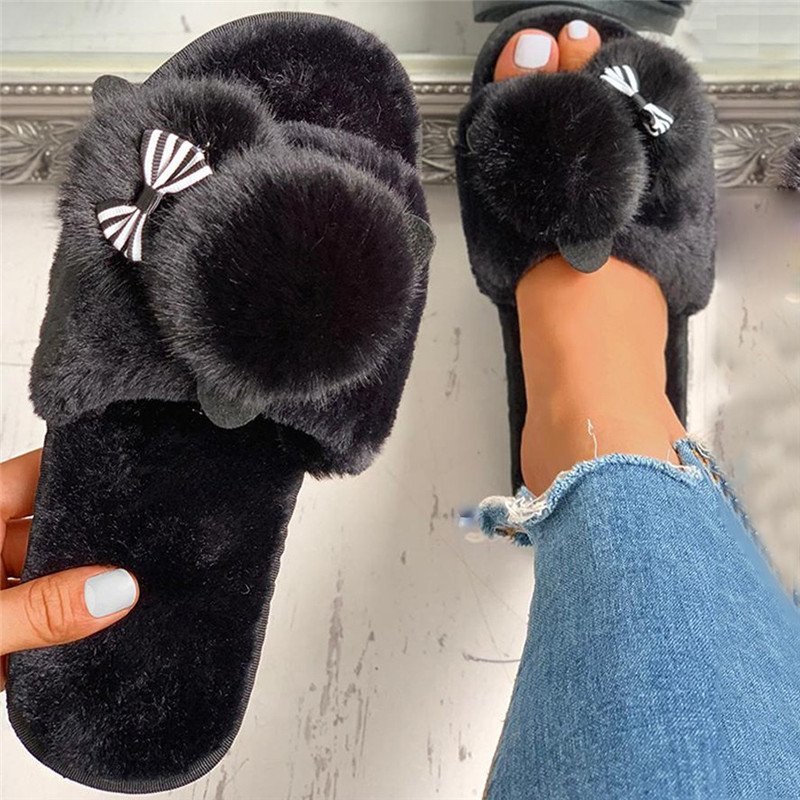 2021 High quality Female Snow Winter Casual House Slippers Non-Slip Flat Open Toe Shoes  Bow-Knot Flock Shoes
