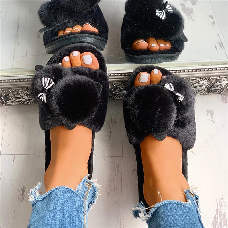 2021 High quality Female Snow Winter Casual House Slippers Non-Slip Flat Open Toe Shoes  Bow-Knot Flock Shoes