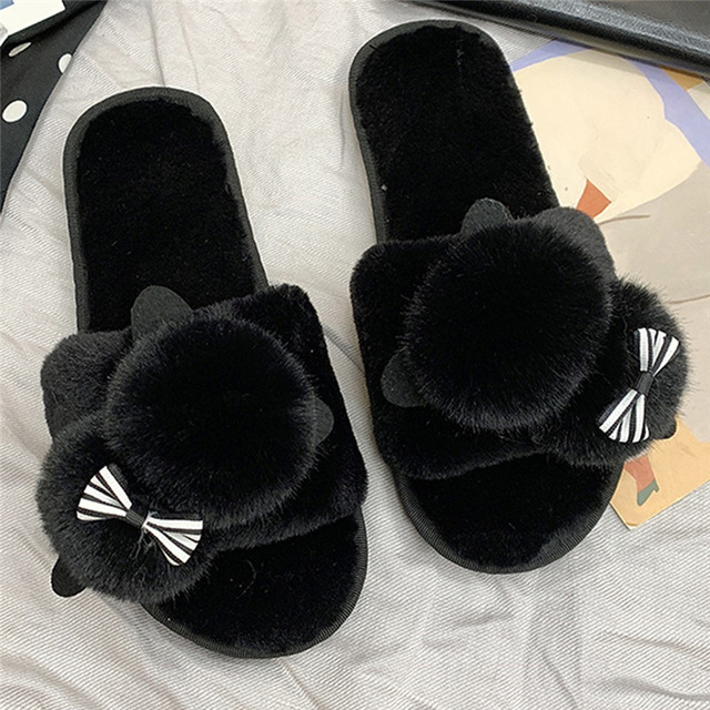 2021 High quality Female Snow Winter Casual House Slippers Non-Slip Flat Open Toe Shoes  Bow-Knot Flock Shoes