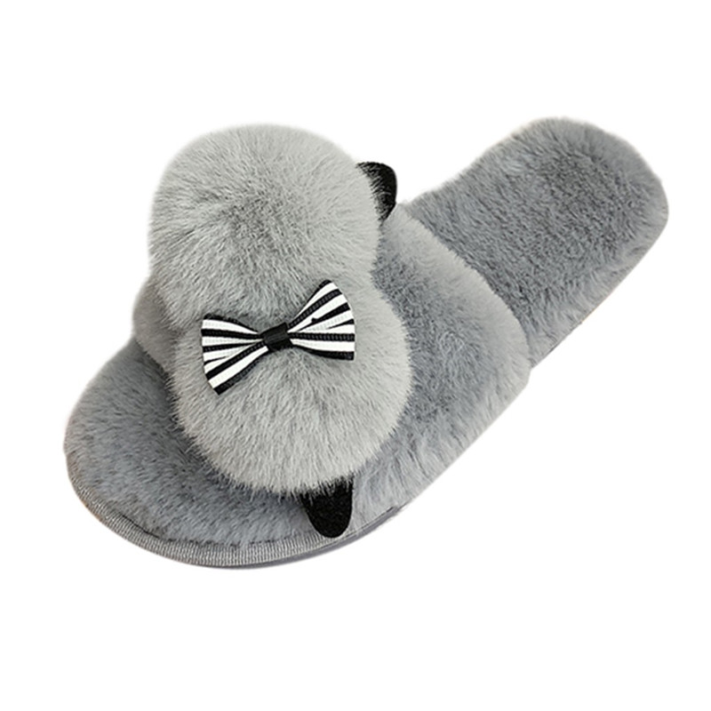 2021 High quality Female Snow Winter Casual House Slippers Non-Slip Flat Open Toe Shoes  Bow-Knot Flock Shoes