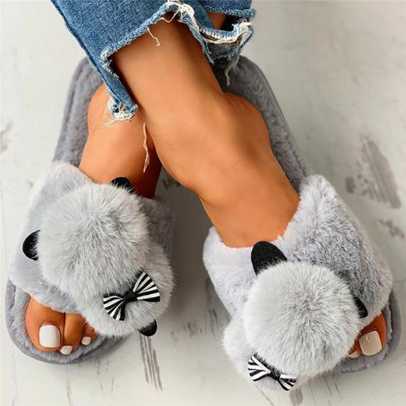 2021 High quality Female Snow Winter Casual House Slippers Non-Slip Flat Open Toe Shoes  Bow-Knot Flock Shoes