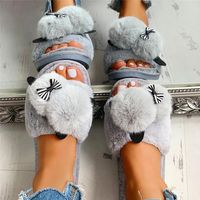 2021 High quality Female Snow Winter Casual House Slippers Non-Slip Flat Open Toe Shoes  Bow-Knot Flock Shoes