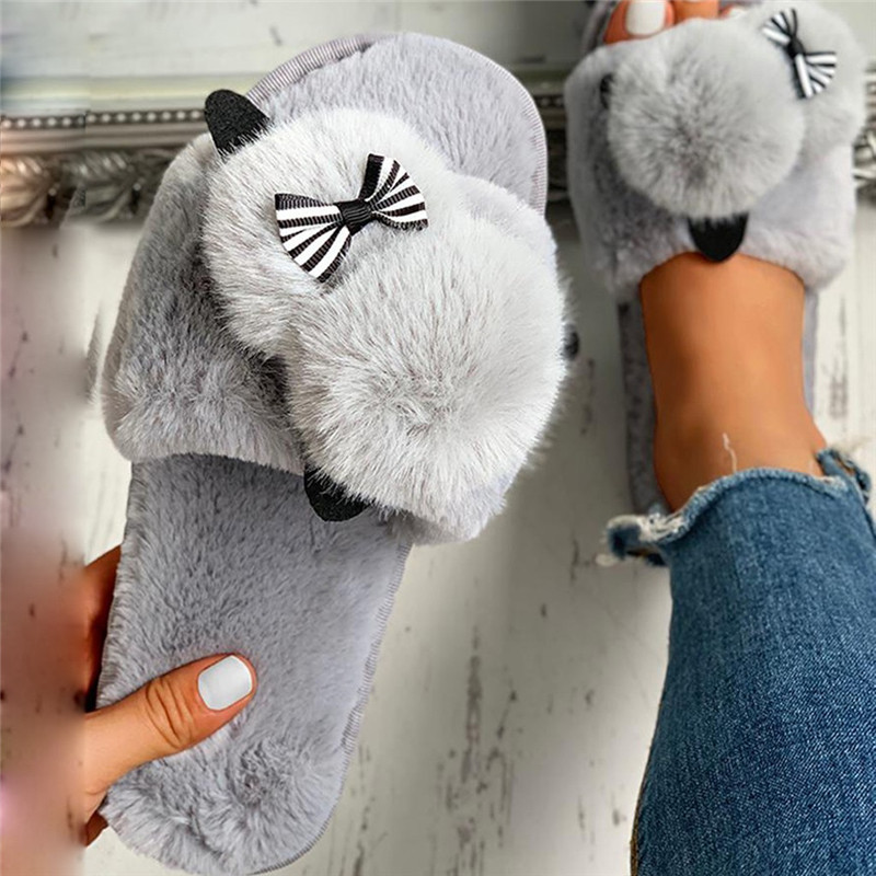 2021 High quality Female Snow Winter Casual House Slippers Non-Slip Flat Open Toe Shoes  Bow-Knot Flock Shoes