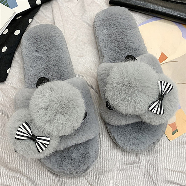 2021 High quality Female Snow Winter Casual House Slippers Non-Slip Flat Open Toe Shoes  Bow-Knot Flock Shoes