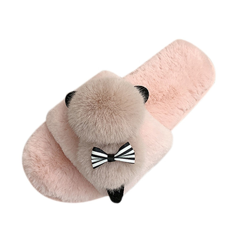 2021 High quality Female Snow Winter Casual House Slippers Non-Slip Flat Open Toe Shoes  Bow-Knot Flock Shoes