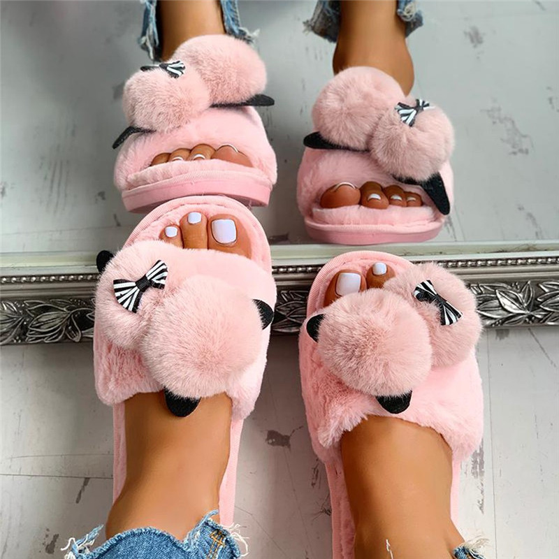 2021 High quality Female Snow Winter Casual House Slippers Non-Slip Flat Open Toe Shoes  Bow-Knot Flock Shoes
