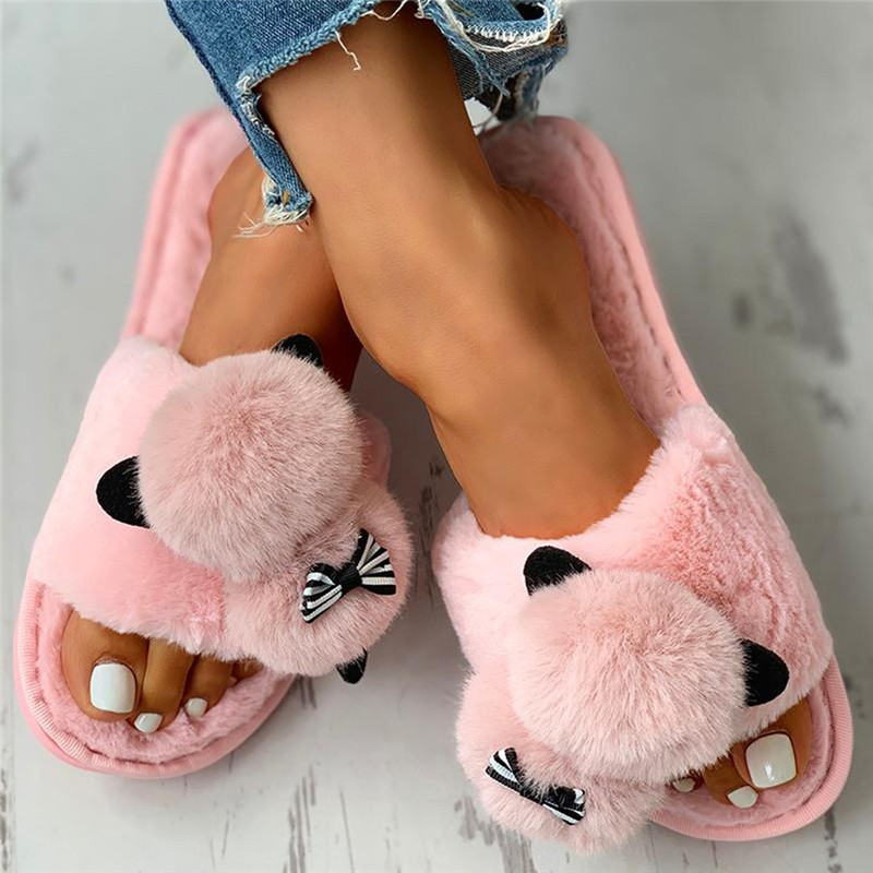 2021 High quality Female Snow Winter Casual House Slippers Non-Slip Flat Open Toe Shoes  Bow-Knot Flock Shoes
