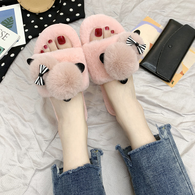 2021 High quality Female Snow Winter Casual House Slippers Non-Slip Flat Open Toe Shoes  Bow-Knot Flock Shoes