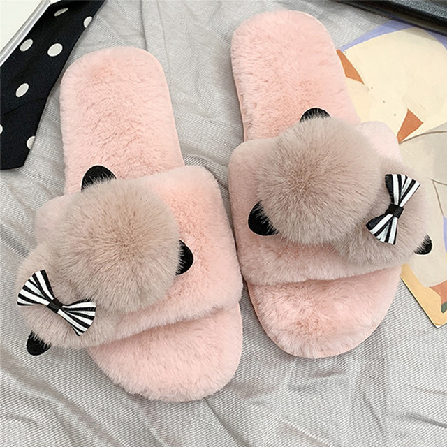 2021 High quality Female Snow Winter Casual House Slippers Non-Slip Flat Open Toe Shoes  Bow-Knot Flock Shoes