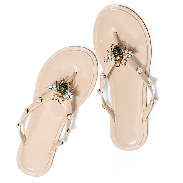 High quality Summer Women Little Bee Flip Flops Pearl Beach Flat Sandals Outdoor Casual Slippers Lady Wild Shoes