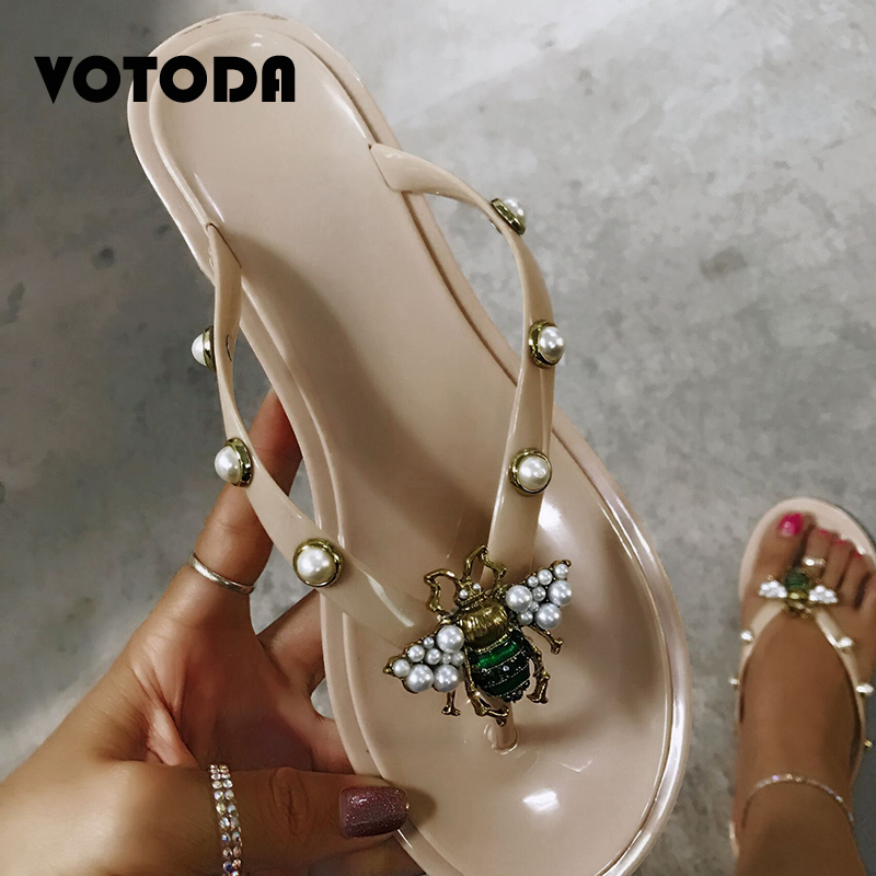 High quality Summer Women Little Bee Flip Flops Pearl Beach Flat Sandals Outdoor Casual Slippers Lady Wild Shoes