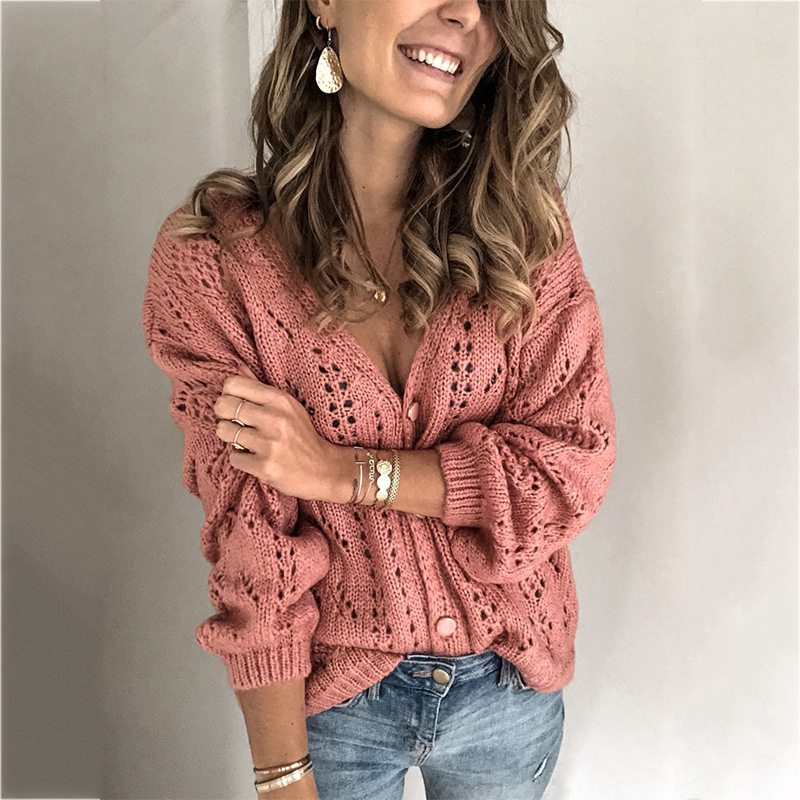 2021 High quality Europe and America sweater cardigan ladies solid color hollow V-neck sweater womens sweaters knit