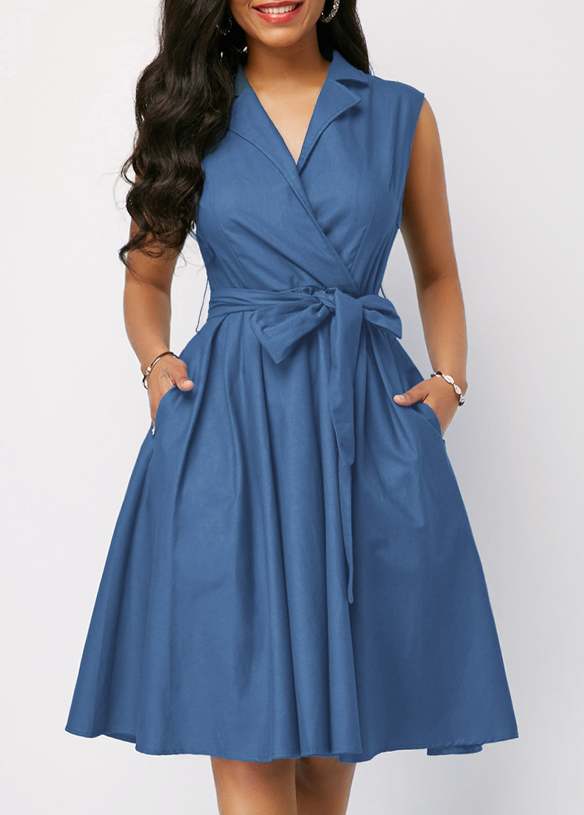 High quality Casual Women Dress Sleeveless Notched Navy Blue Dress Sashes Summer A-line Beach Maxi
