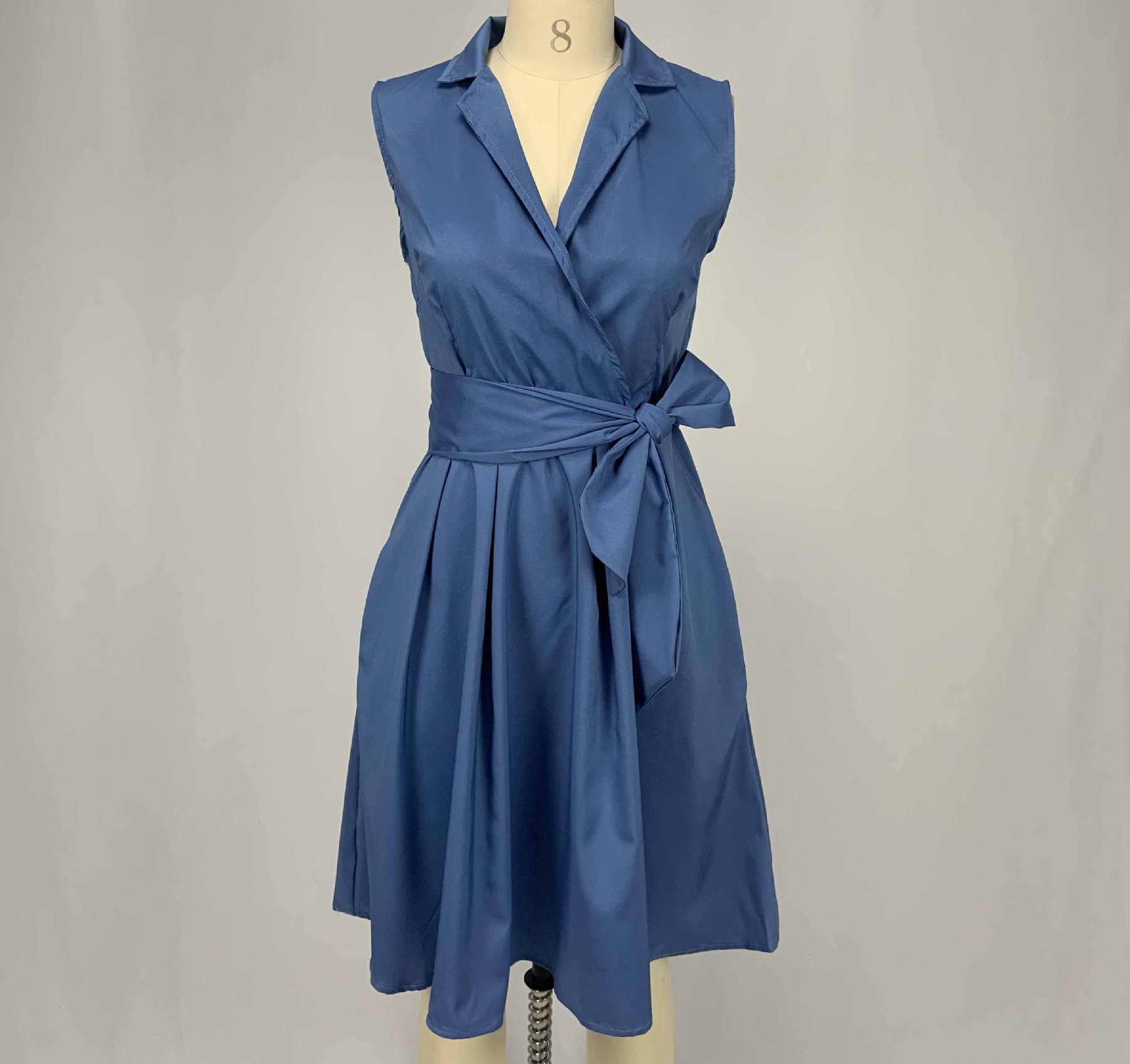 High quality Casual Women Dress Sleeveless Notched Navy Blue Dress Sashes Summer A-line Beach Maxi