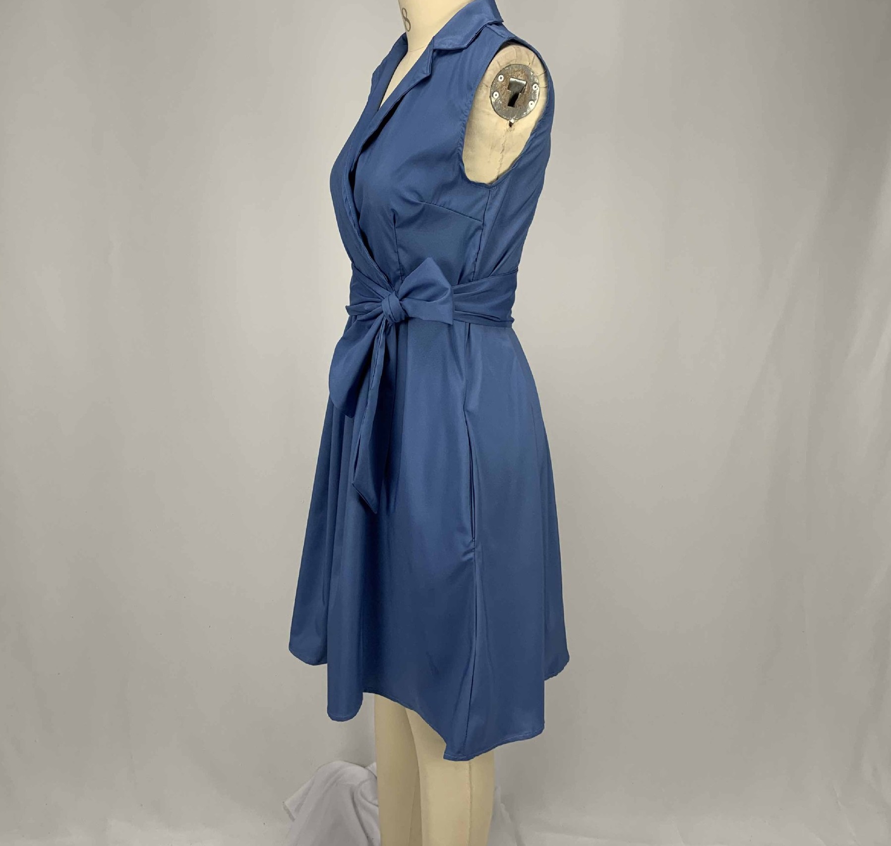 High quality Casual Women Dress Sleeveless Notched Navy Blue Dress Sashes Summer A-line Beach Maxi