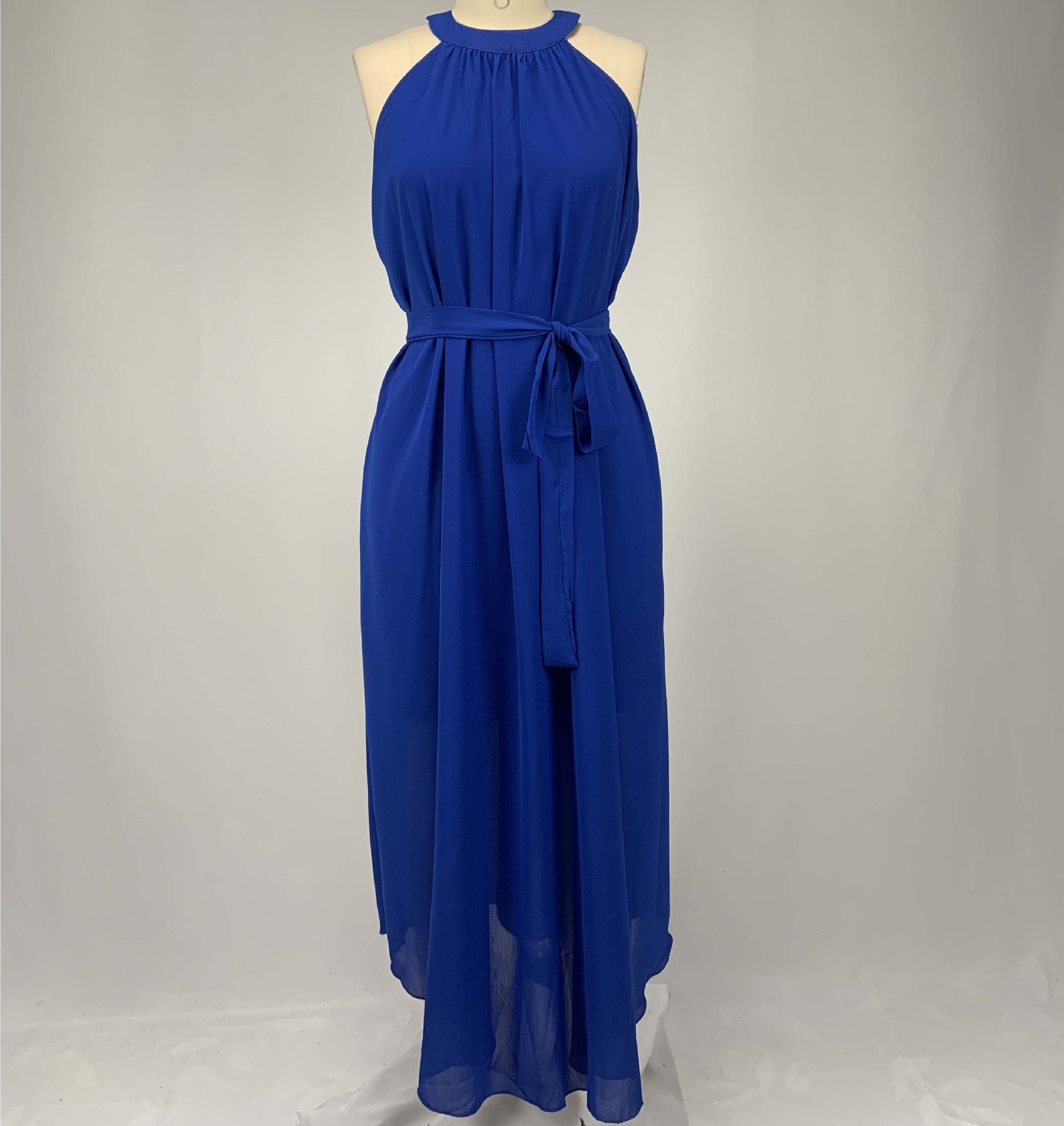 High quality Plus Size Womens dress Summer Solid Color Pleated Chiffon Sleeveless Belted Maxi party Dress